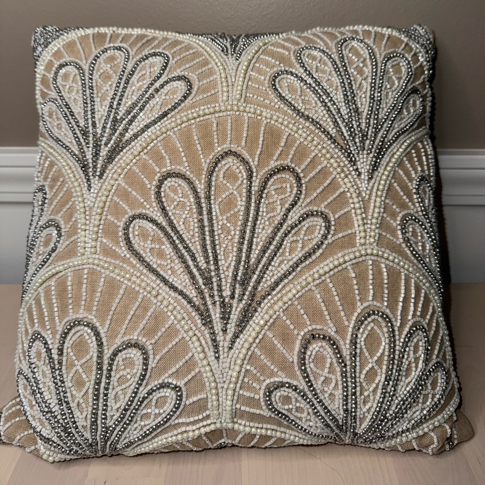 Beaded Tan and White Decorative Throw Pillow